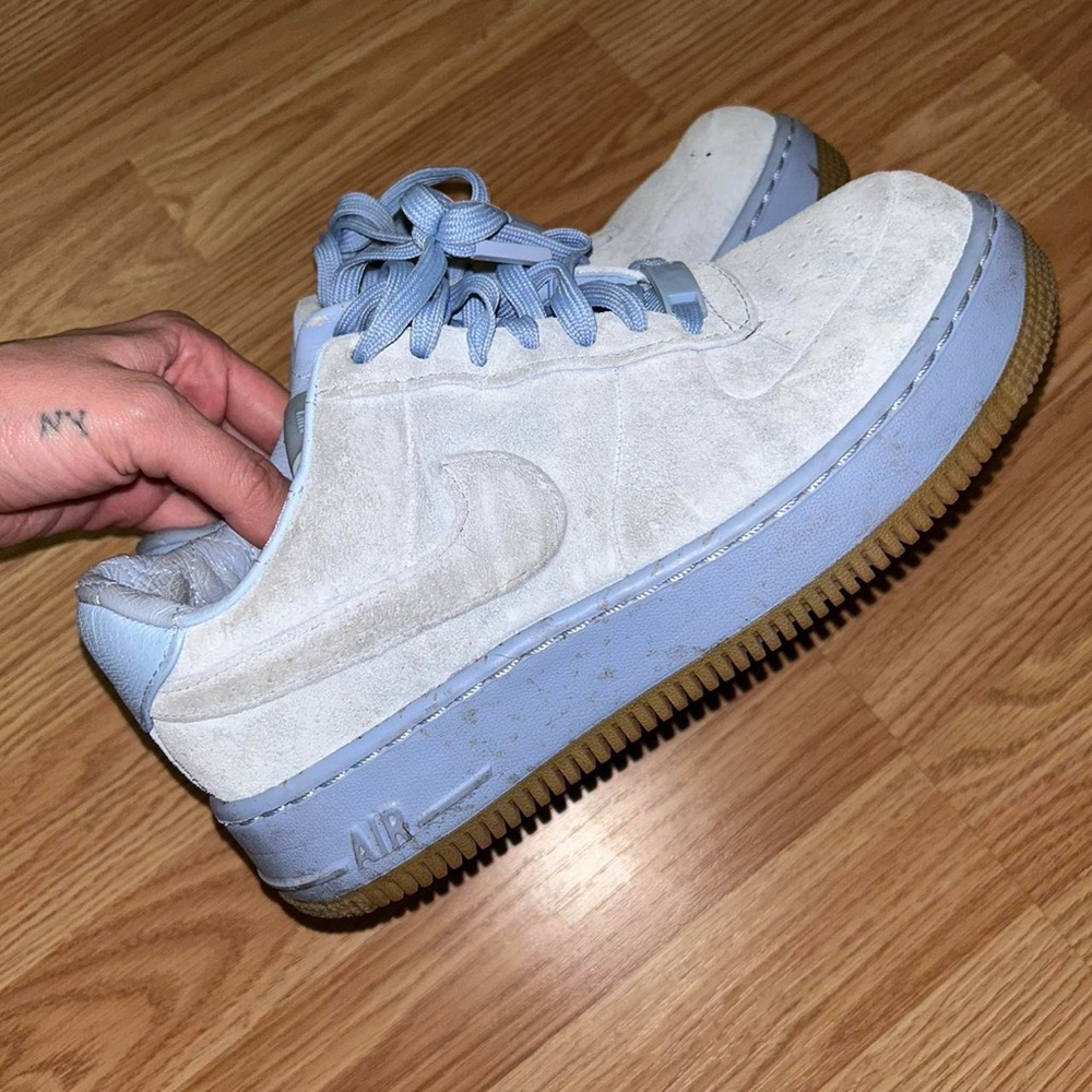Blue suede Nikes. Worn, but I hate to let them go! Size 7 women